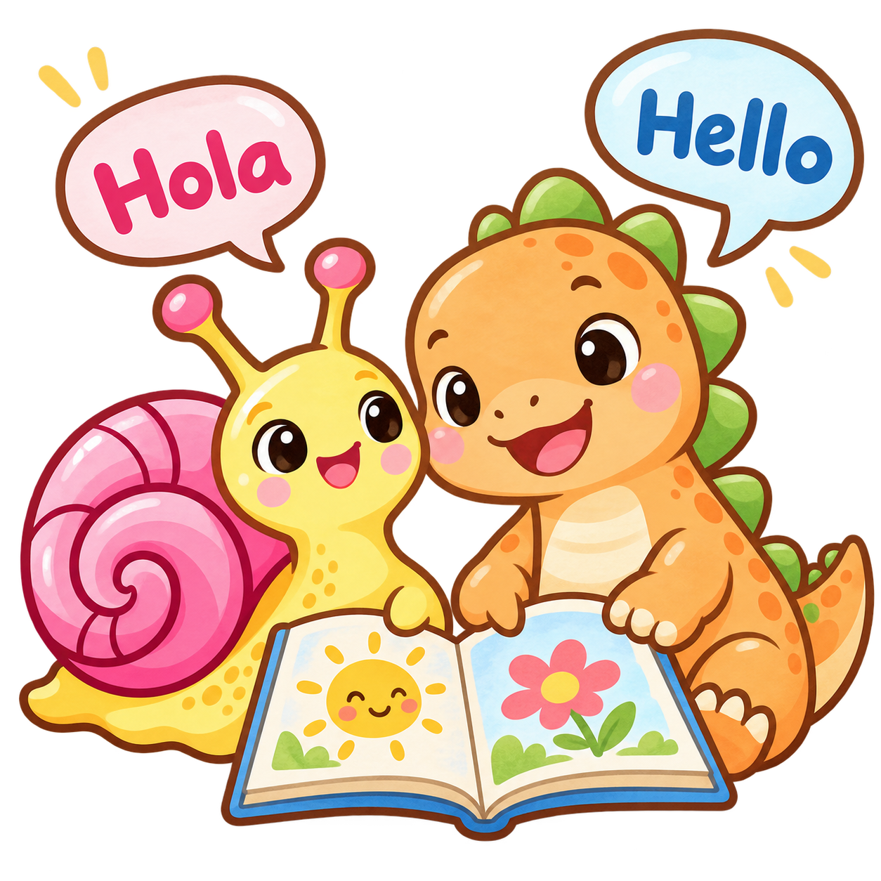 A snail and dinosaur learning Hola and Hello together