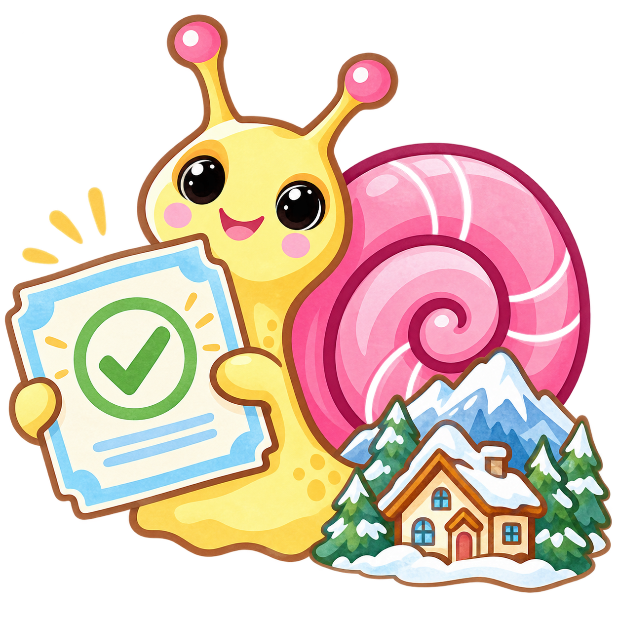 A cheerful snail proudly holding an approved license beside a snowy mountain home