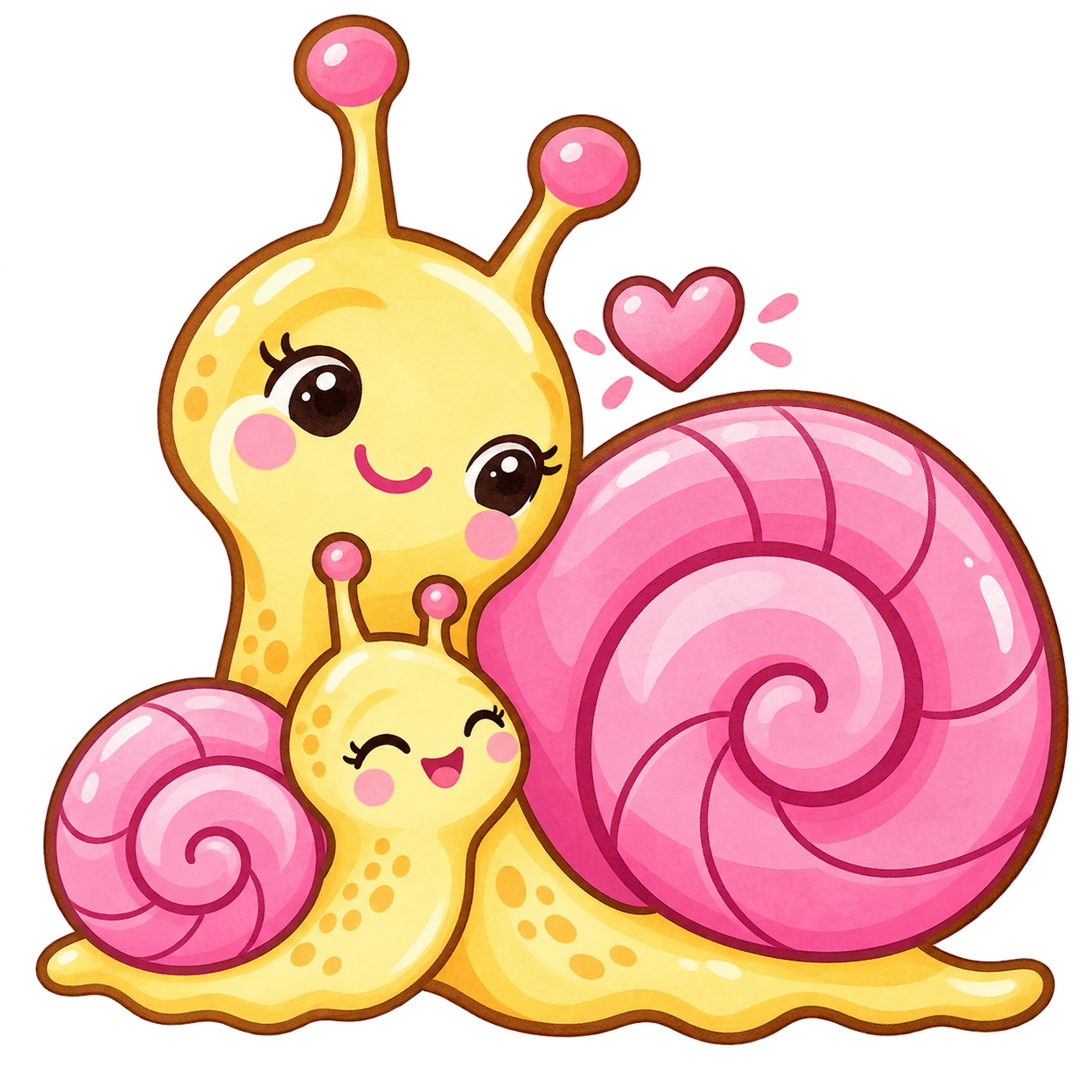 A mother snail lovingly caring for her little one